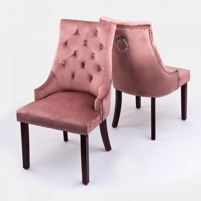 Pink Velvet Dark Oak Leg Dining Chair With Knocker T ...