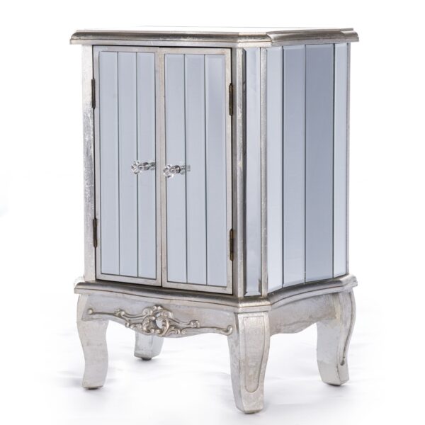 Wooden French Vintage Style Two door cabinet, with ornamental carpentry features, distressed silver painted finish, mirrored paneling on all sides and crystal handles