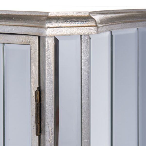 French Vintage | Two Door Mirrored Cabinet - Beveled top with distressed silver finish close up