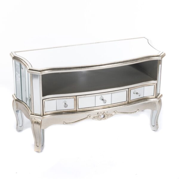 French Vintage Small Mirrored TV Media Unit with 3 mirrored drawers, complete with crystal handles, carved ornate features and distressed silver painted finish.